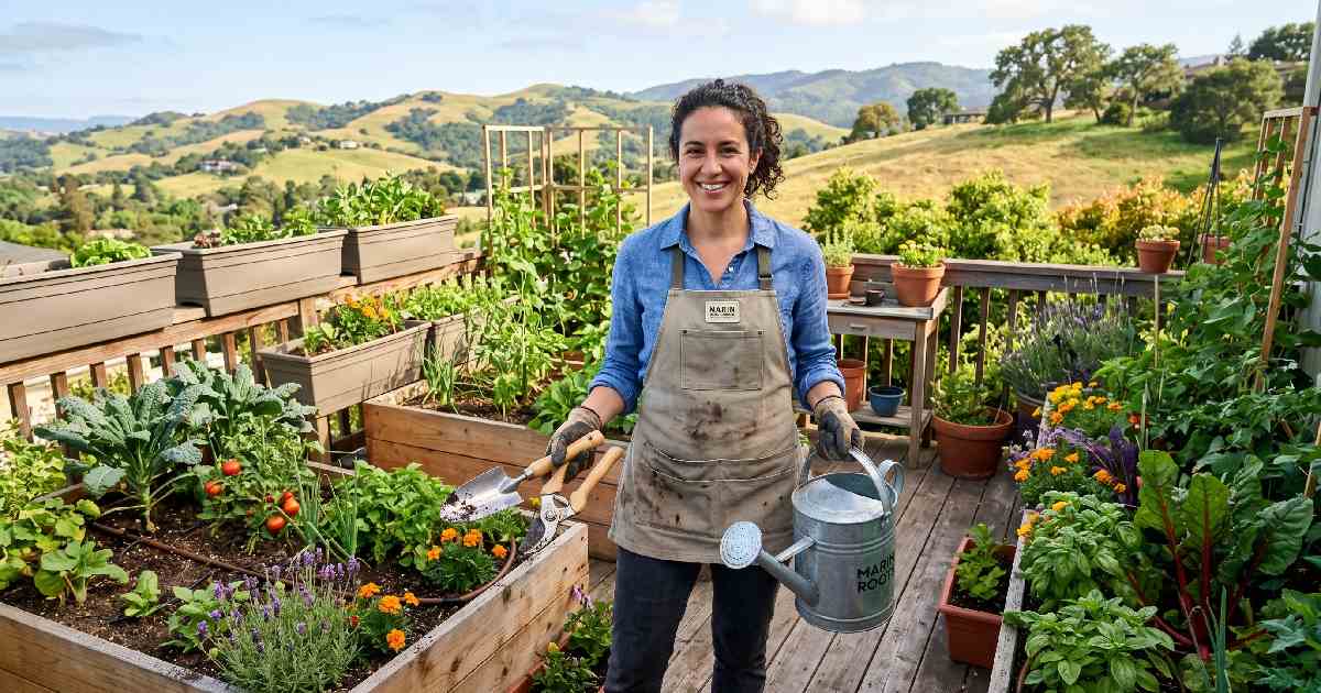 Marin County urban gardener with essential eco-friendly gardening tools beside a thriving home garden, representing a complete gardening tool supply in Marin County.