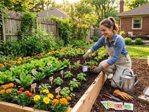 Complete beginner home garden from scratch showing raised bed seedlings, soil preparation tools, seed packets, and fresh vegetables growing in sunny backyard