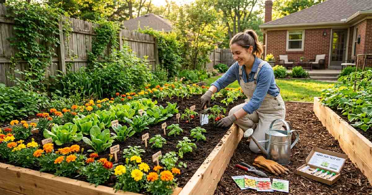 Complete beginner home garden from scratch showing raised bed seedlings, soil preparation tools, seed packets, and fresh vegetables growing in sunny backyard