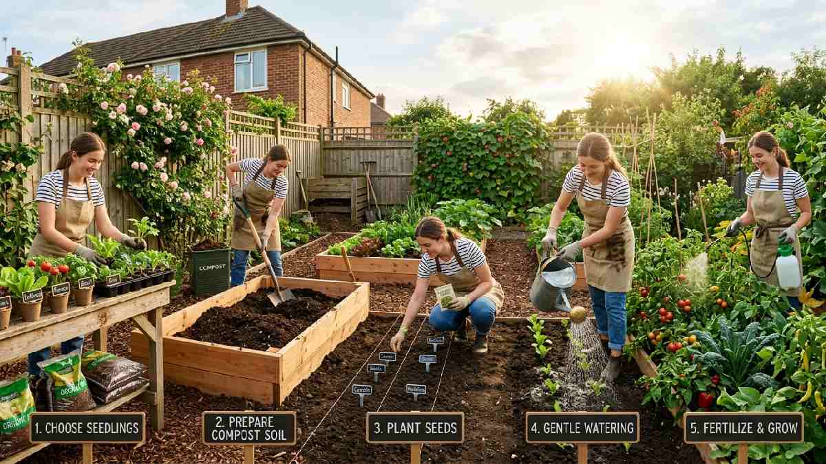 Step-by-step guide to growing organic food showing vegetable selection soil preparation seed planting watering techniques and natural fertilizer application in home garden.
