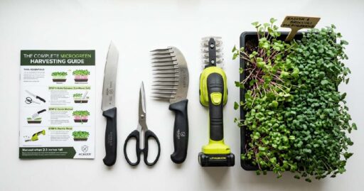 Harvesting knife scissors curved comb and electric shear beside lush microgreen trays showing complete guide to choosing and using microgreen harvesters.