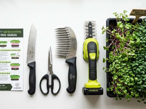 Harvesting knife scissors curved comb and electric shear beside lush microgreen trays showing complete guide to choosing and using microgreen harvesters.