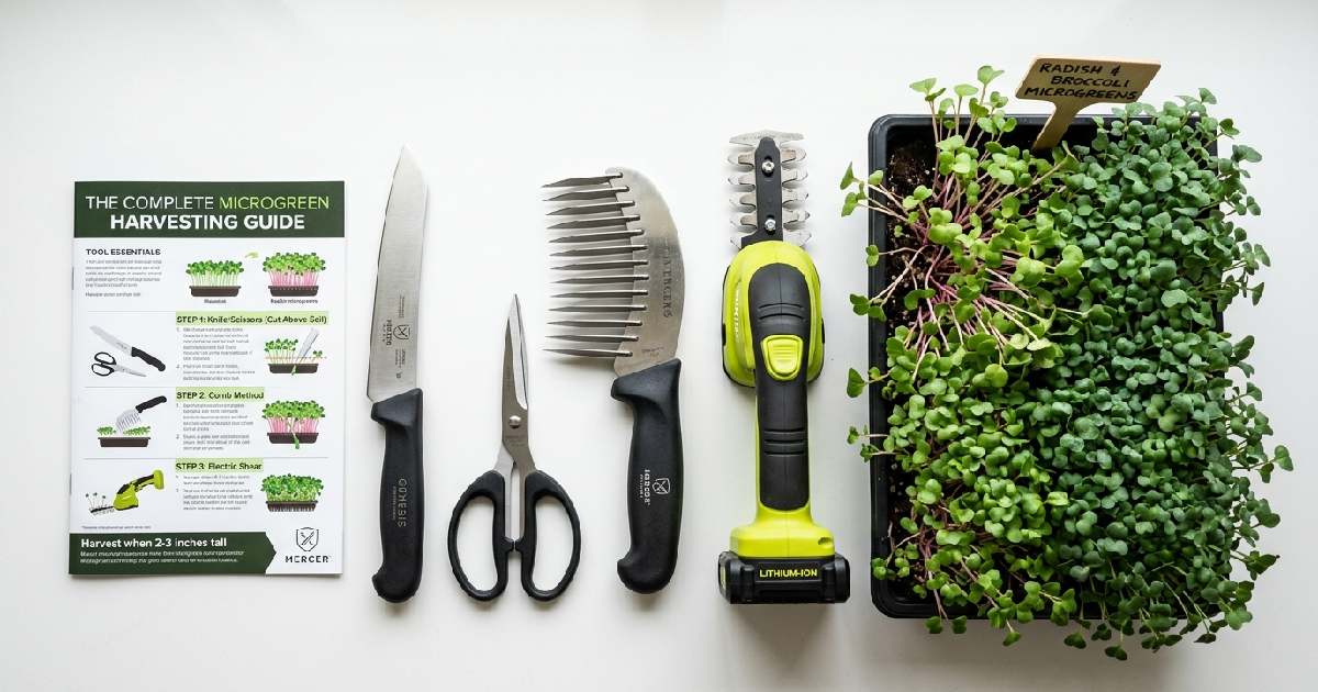 Harvesting knife scissors curved comb and electric shear beside lush microgreen trays showing complete guide to choosing and using microgreen harvesters.