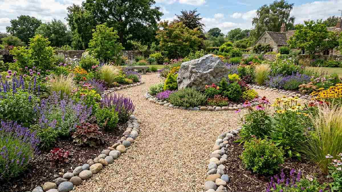 Beautifully landscaped garden with river stones, pea gravel pathway, and large boulder showing what gardening rocks are and why to use them.

