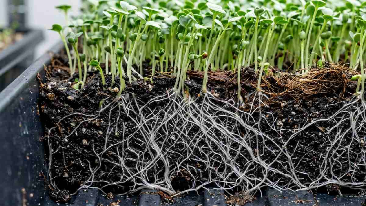 Dense white microgreen roots spreading through coconut coir growing medium in tray showing what microgreen roots are and how they form. 