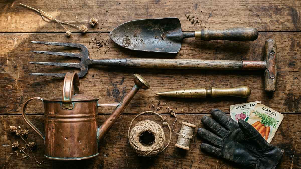 Hand-forged cast iron trowel, wooden border fork, copper watering can, and brass dibber showing what vintage gardening tools are and their popularity.