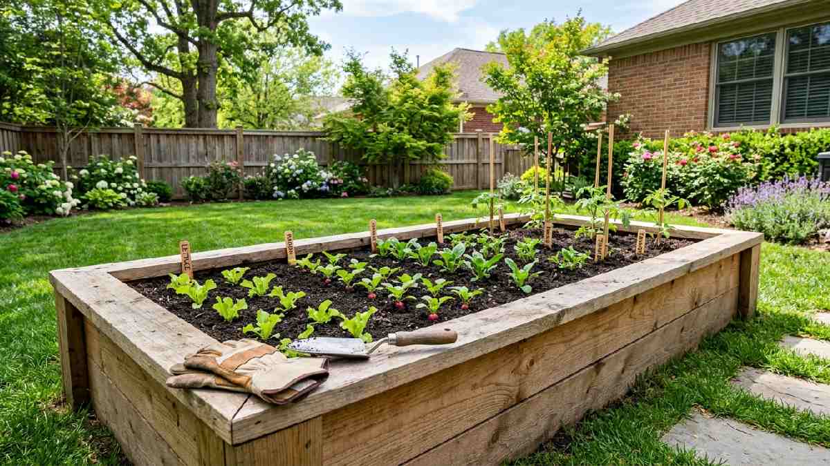 Beginner-friendly 4x8 cedar raised bed filled with rich soil and young vegetable seedlings showing what raised bed vegetable gardening is. 
