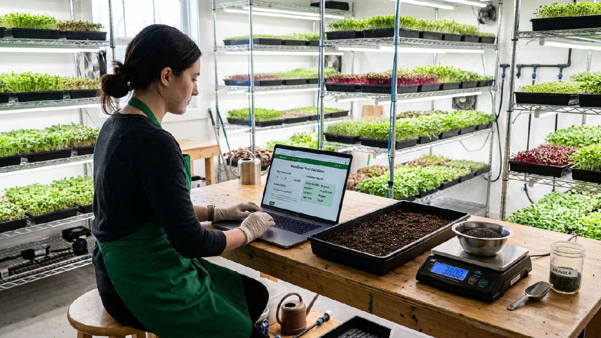 Grower entering tray dimensions on laptop seed calculator beside growing tray and scale showing what a microgreen seed calculator is. 