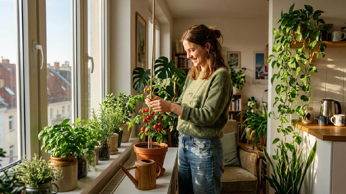 Happy person tending herbs, tomato plants, and pothos in sunny apartment showing why gardening in an apartment is worth starting today. 