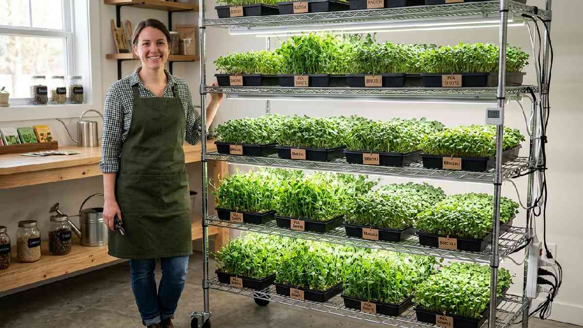 Home grower standing beside 6-shelf wire rack filled with 24 microgreen trays under LED lights showing why growing racks are worth it. 