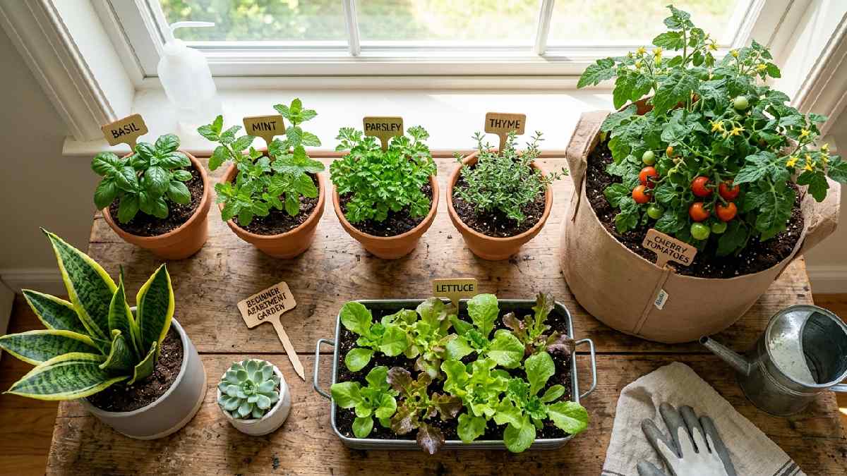 Basil, mint, parsley, snake plant, cherry tomatoes, lettuce, and succulents are arranged, showing the best plants for gardening in an apartment. 