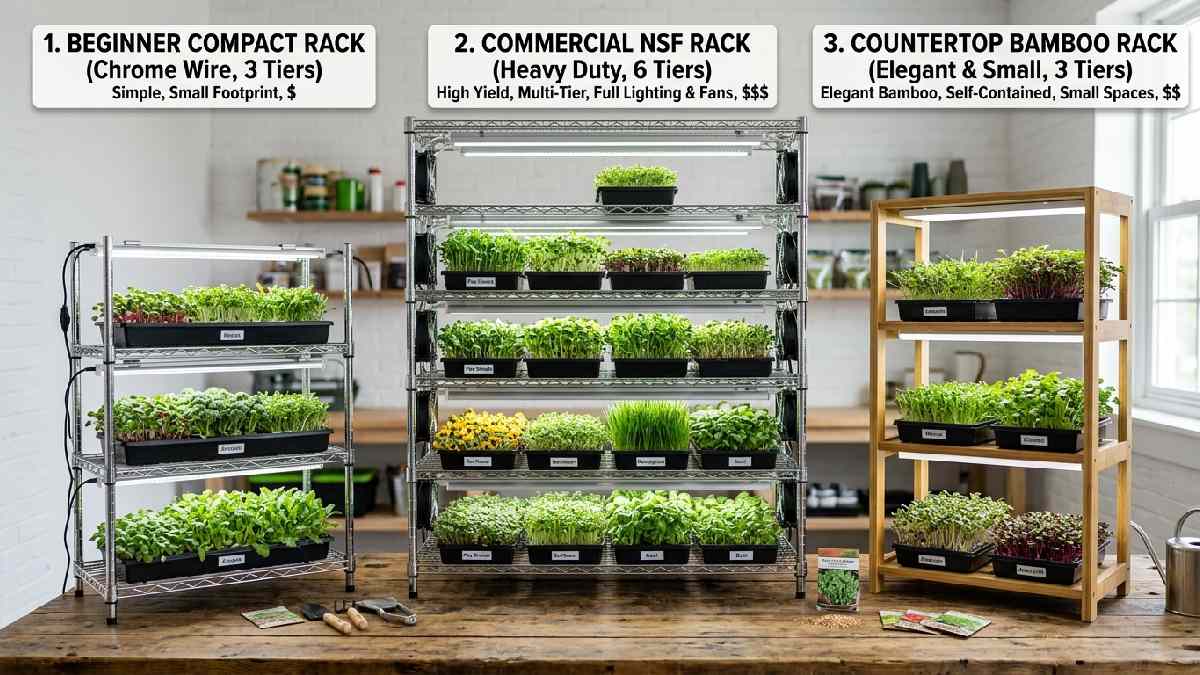 Compact 3-tier shelf heavy-duty 6-shelf NSF rack and countertop bamboo rack showing best types of microgreen growing racks to choose. 