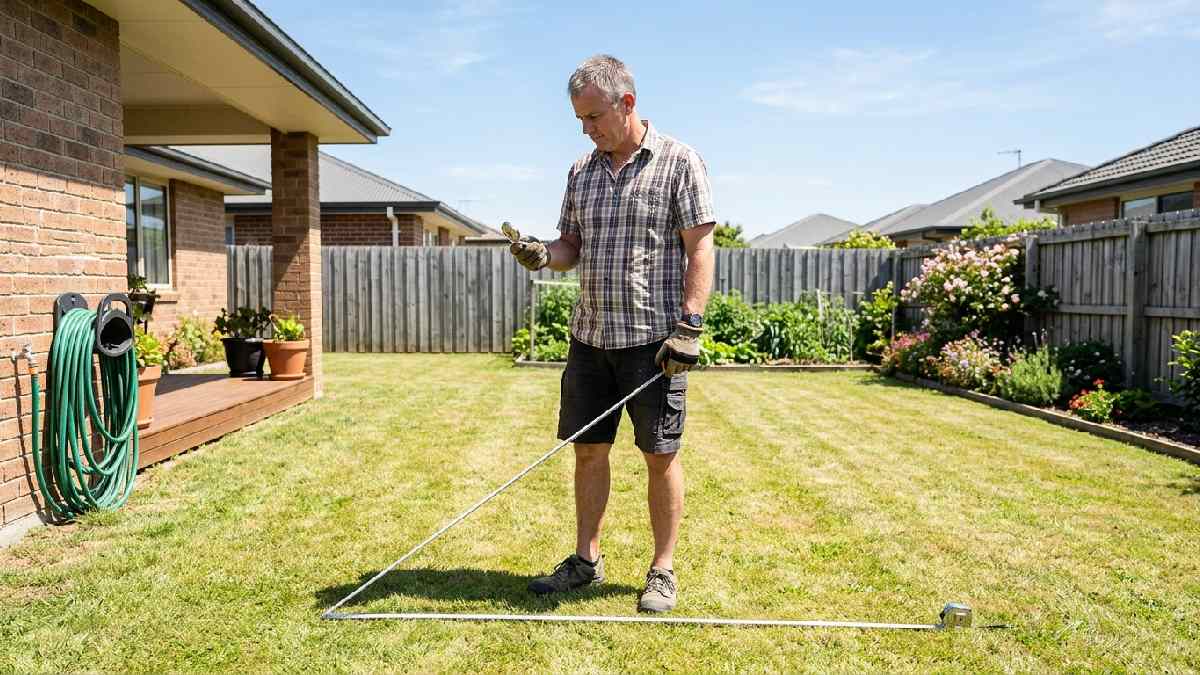 Homeowner measuring sunny flat backyard spot with compass and hose showing how to choose the best raised bed garden location. 