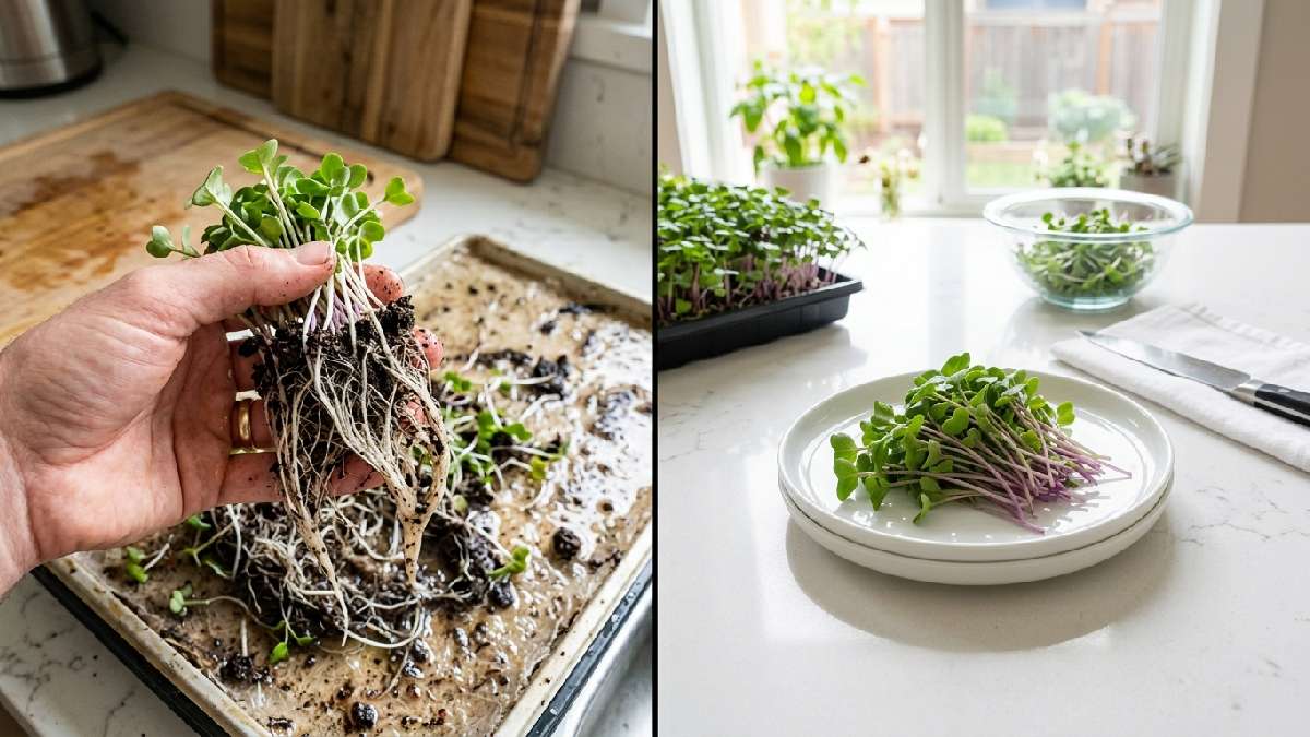 Microgreens with roots attached versus clean stems cut above root line showing safety guide for eating microgreen roots at home. 