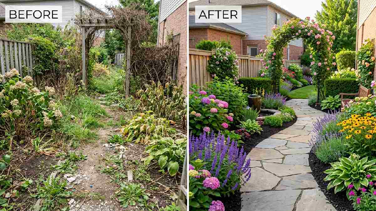 Neglected overgrown garden versus beautifully transformed thriving garden showing key benefits of hiring a professional gardening consultant for your space. 
