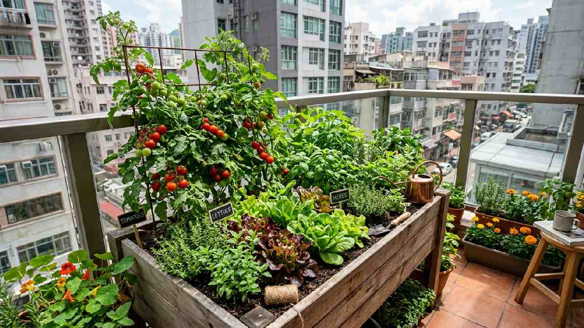 Compact vegetable garden with tomatoes, lettuce, and herbs on a small urban patio showing why small space vegetable gardening tips matter today. 