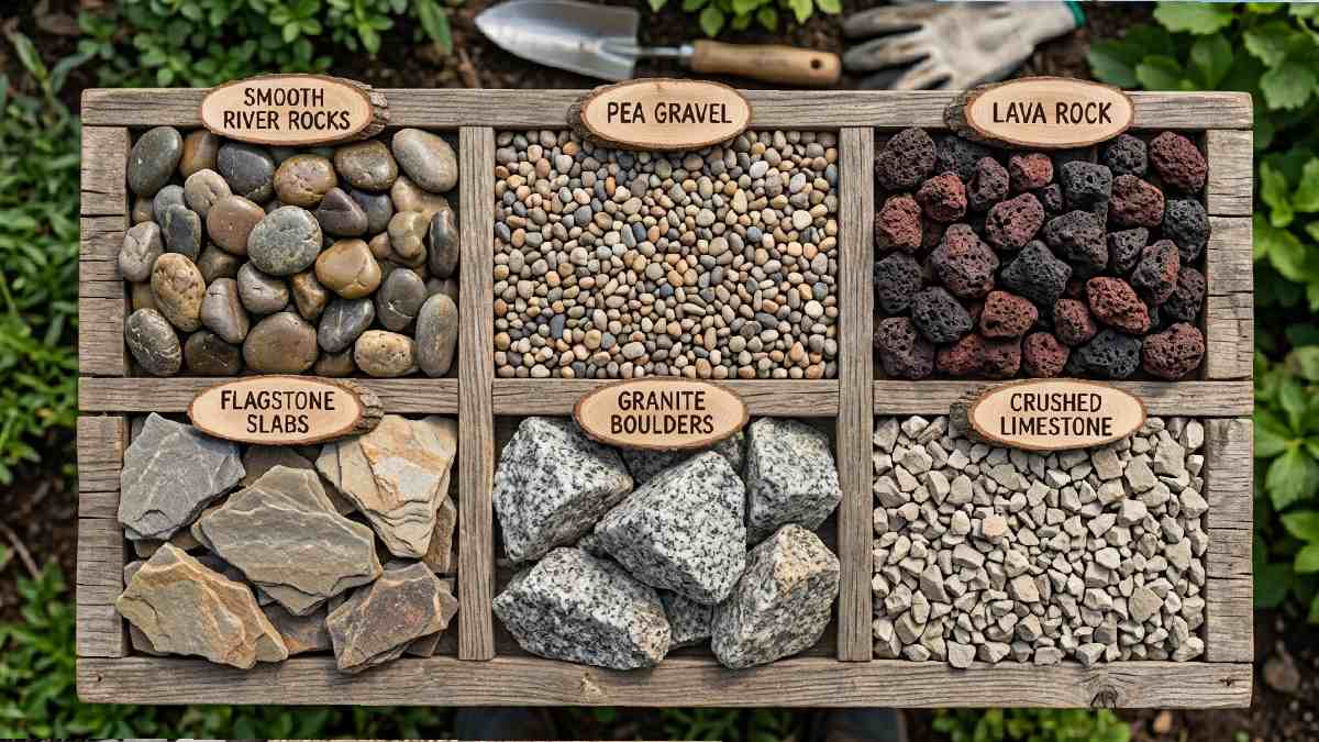 River rocks, pea gravel, lava rock, flagstone, granite, and limestone are arranged, showing different types of gardening rocks and their best uses.

