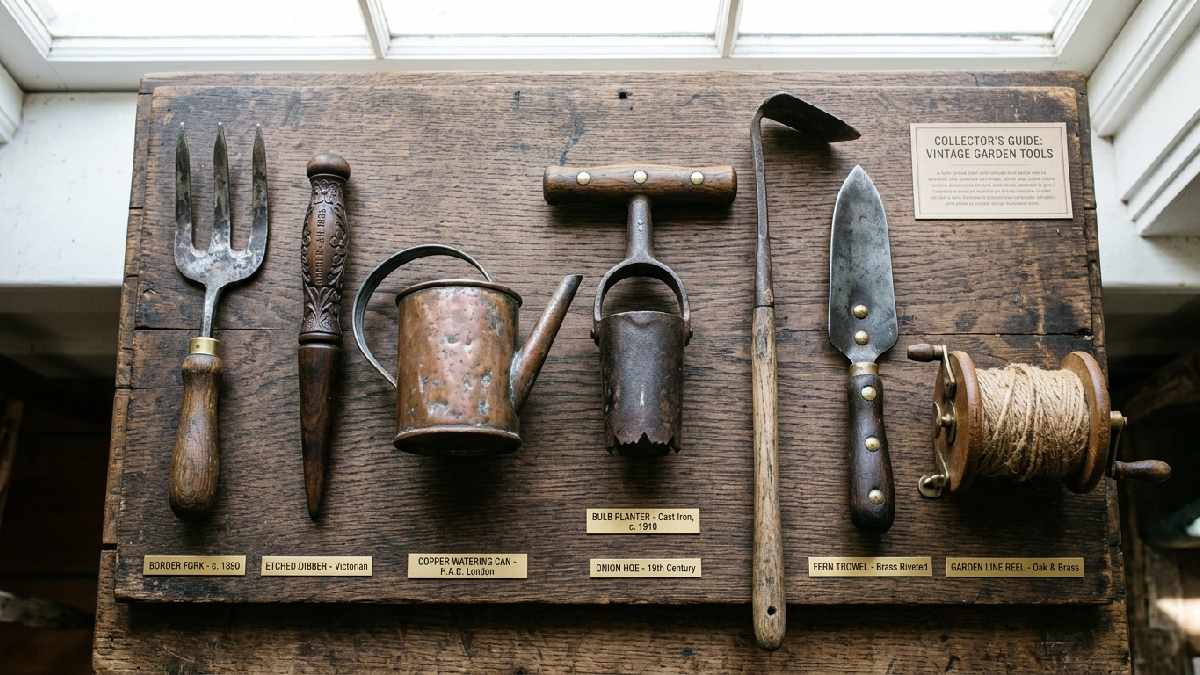 Border fork dibber copper watering can bulb planter onion hoe and fern trowel showing types of vintage gardening tools every collector needs.