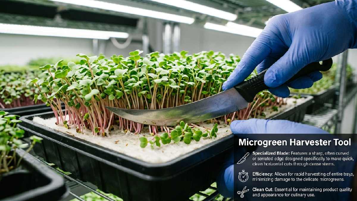 Grower's hand making clean harvesting knife cut above radish microgreen tray showing what a microgreen harvester is and how it works.