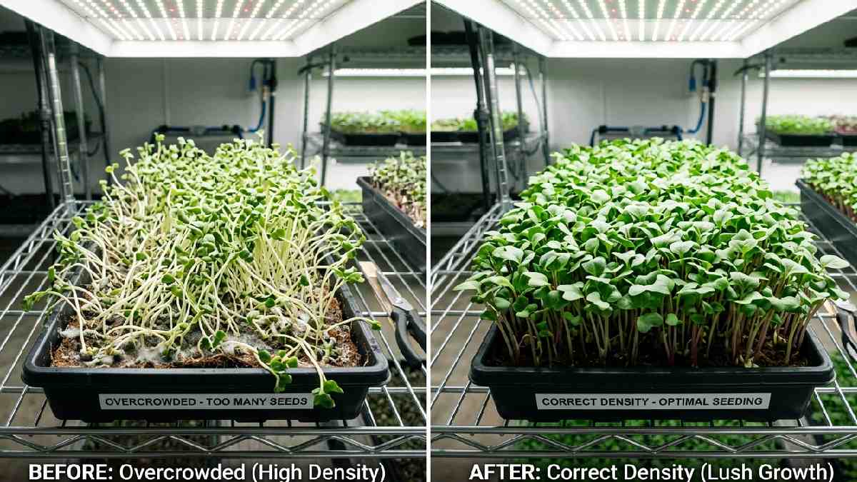 Overcrowded, moldy microgreen tray versus perfectly seeded, uniform lush tray showing why correct seed density matters in microgreen growing. 