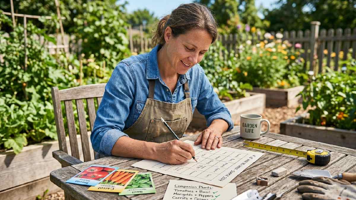 Gardener sketching 4x8 raised bed layout grid with crop names and companion planting notes showing smart small space garden planning. 