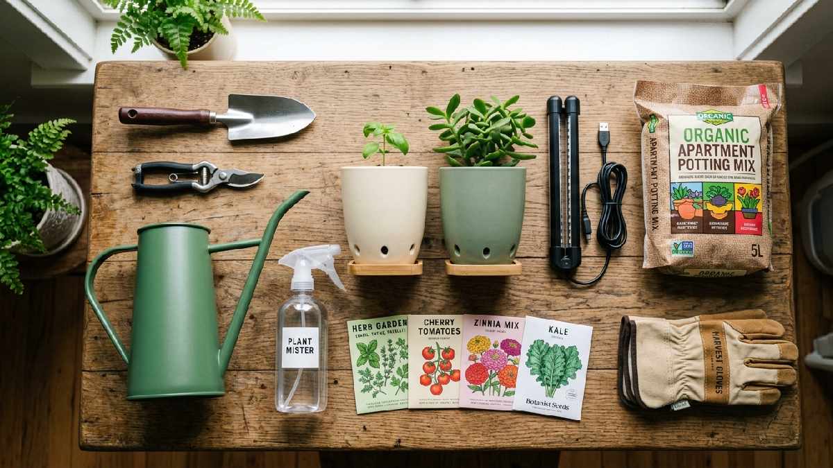 Mini trowel, pruners, spray bottle, watering can, gloves, self-watering pots, and grow light are essential tools for an apartment gardening setup. 