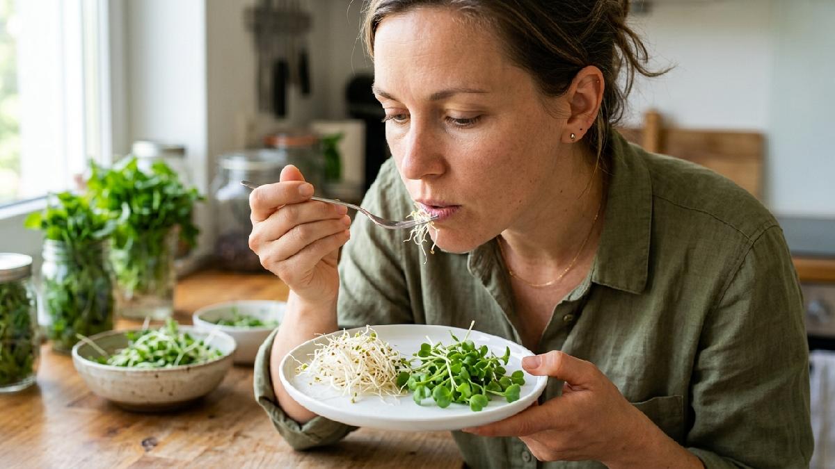 Person tasting cleaned microgreen roots on white plate beside fresh green stems showing how microgreen roots actually taste and feel. 