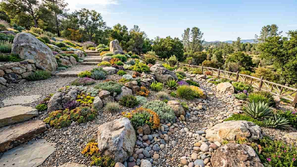 Stunning rock garden with boulders, alpine plants, succulents, dry creek bed, and pea gravel showing how to design a beautiful rock garden.
