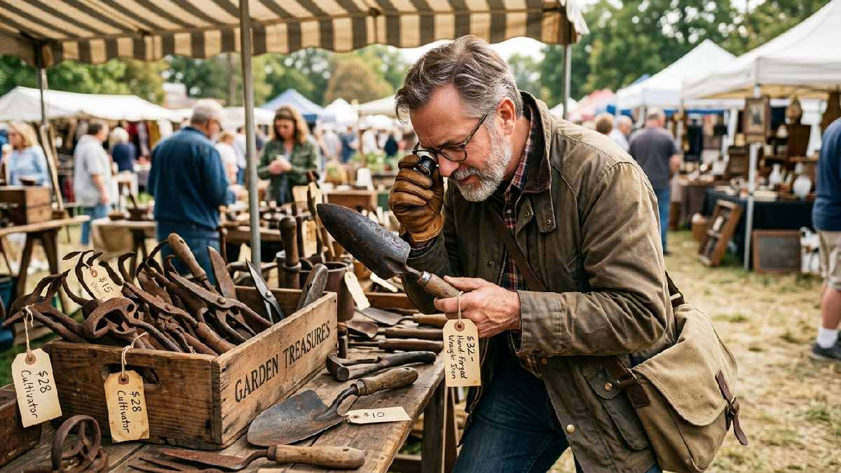 Collector examining hand-forged trowel at estate sale flea market showing how to find and buy authentic vintage gardening tools.