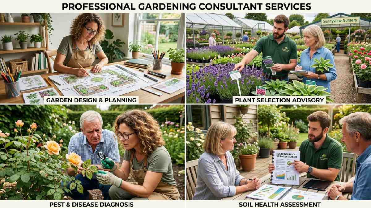 Gardening consultant creating a design plan, selecting plants, inspecting pests, and presenting a soil report showing types of gardening consultant services offered. 