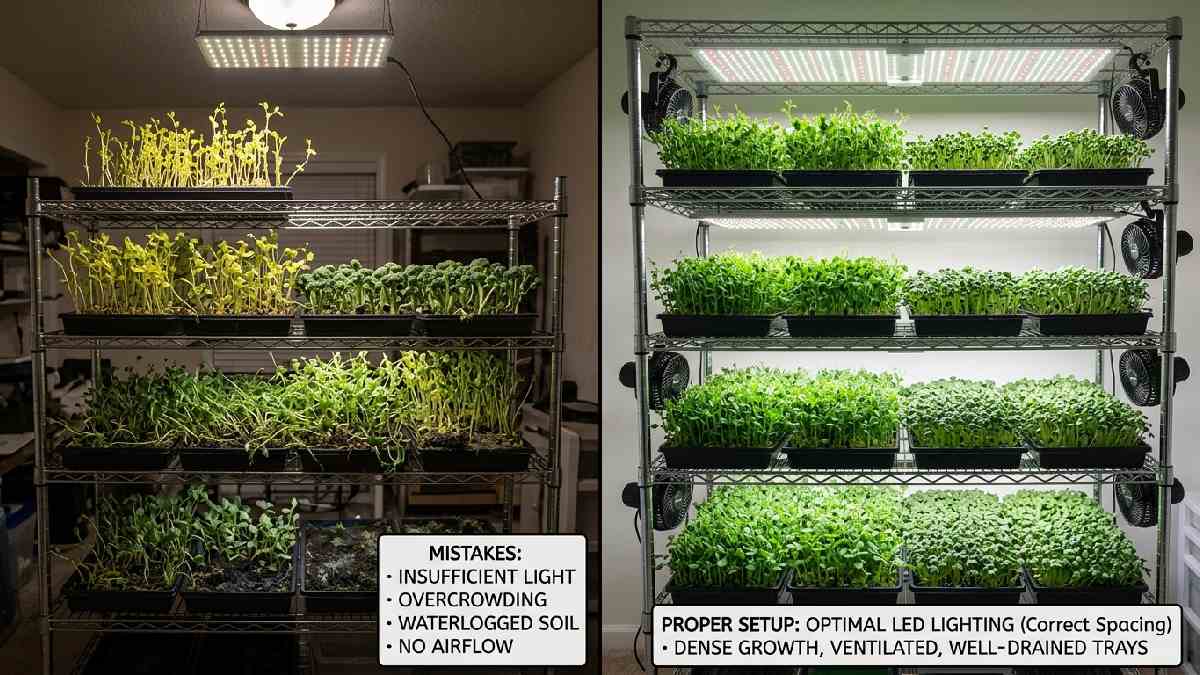 Leggy pale microgreens on poorly lit rack versus dense healthy greens on proper rack showing common microgreen growing rack mistakes to avoid. 