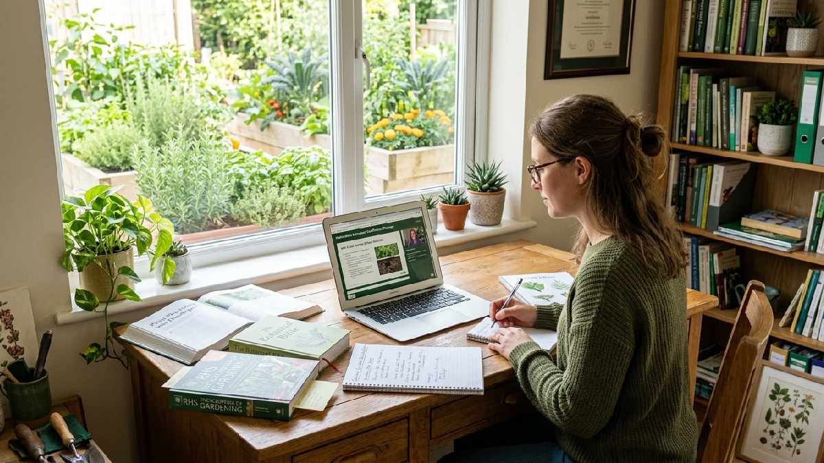 Aspiring consultant studying horticulture books and online certification at a desk with a garden visible, showing how to become a successful gardening consultant. 