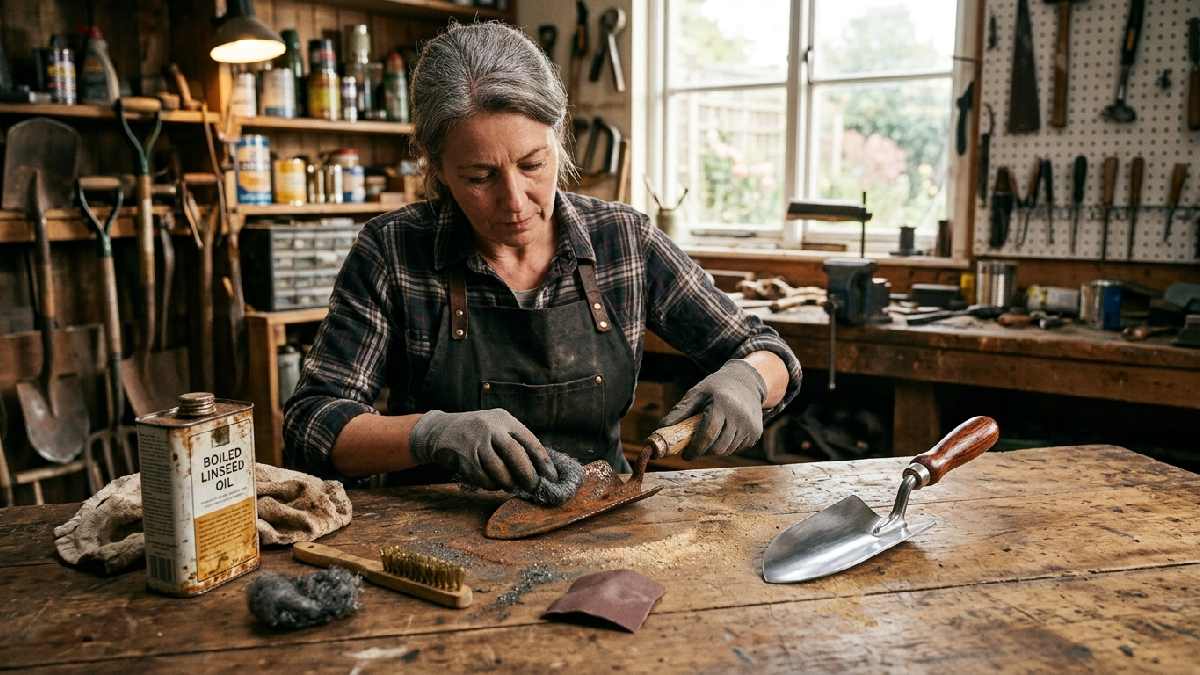 Person removing rust from cast iron trowel and sanding wooden handle with oil and wire brush showing how to restore vintage tools.