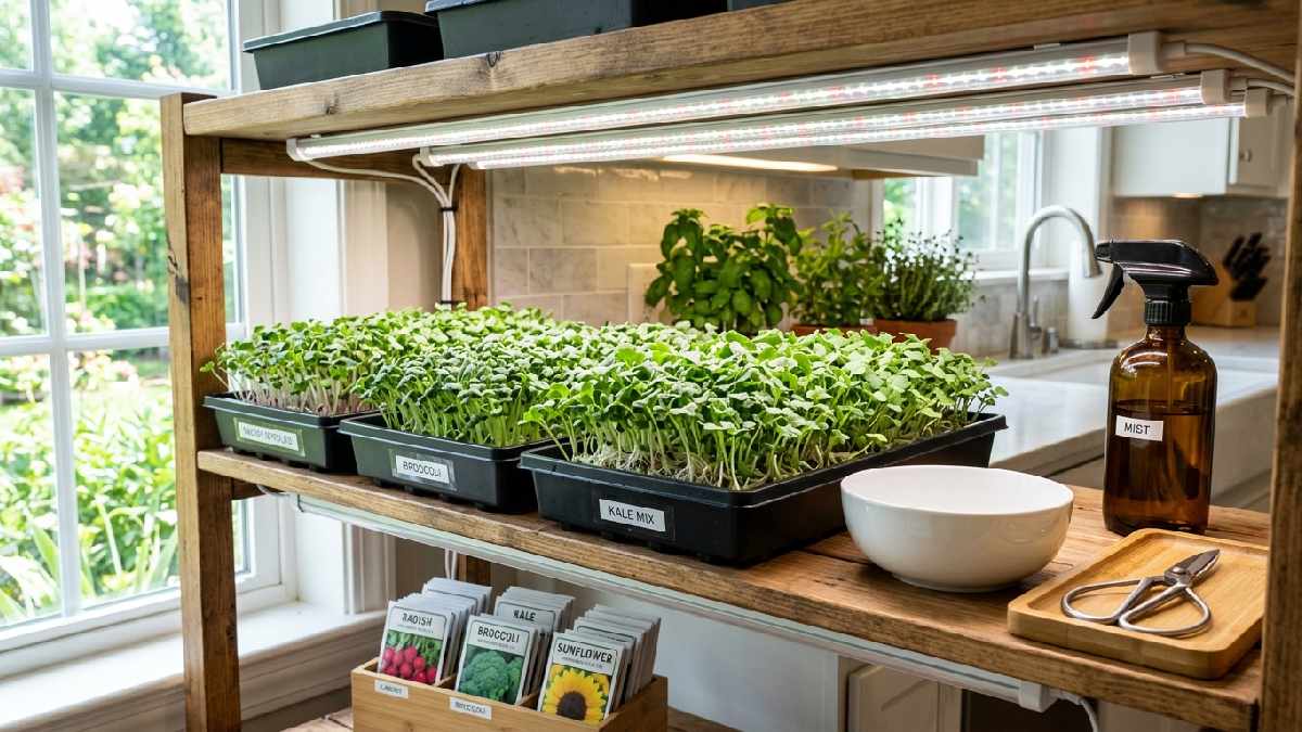 Clean home microgreen growing station with silicone trays LED lights spray bottle and harvest scissors showing how to grow clean edible roots. 