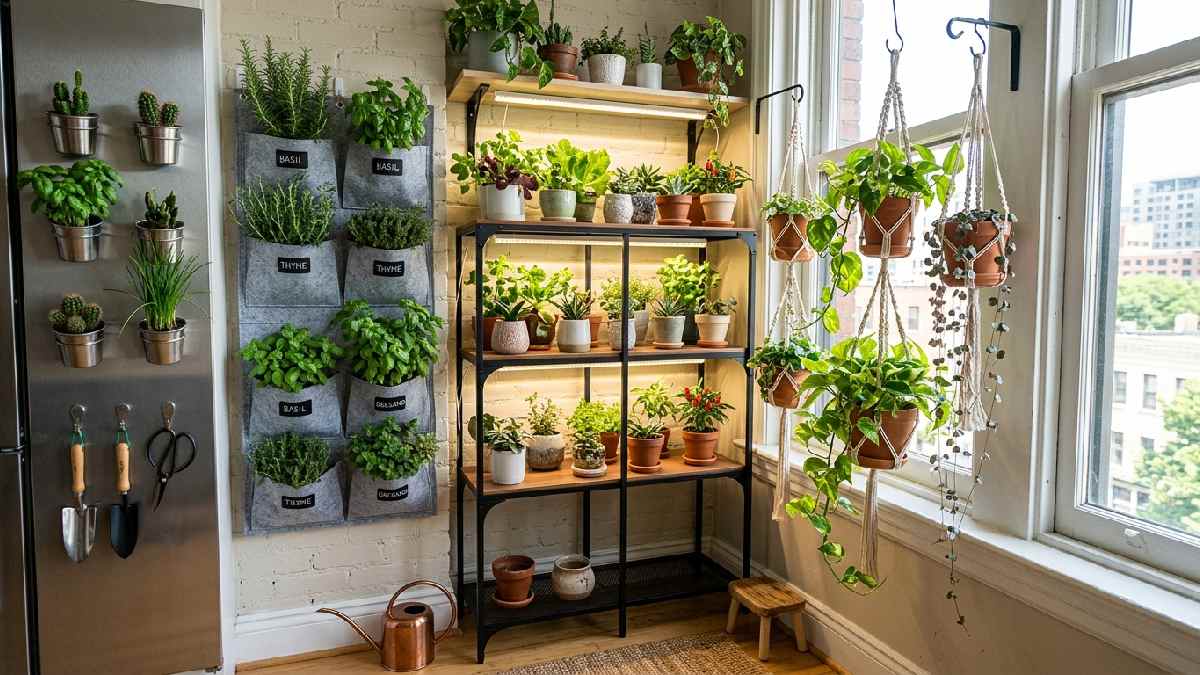 Wall pocket planters, tiered shelf with grow lights, hanging baskets, and magnetic kitchen planters showing space-saving apartment gardening ideas. 