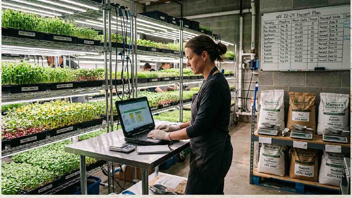 Commercial microgreen farmer using a seed calculator beside stacked trays under LED lights, planning bulk production with a variety schedule on the wall. 