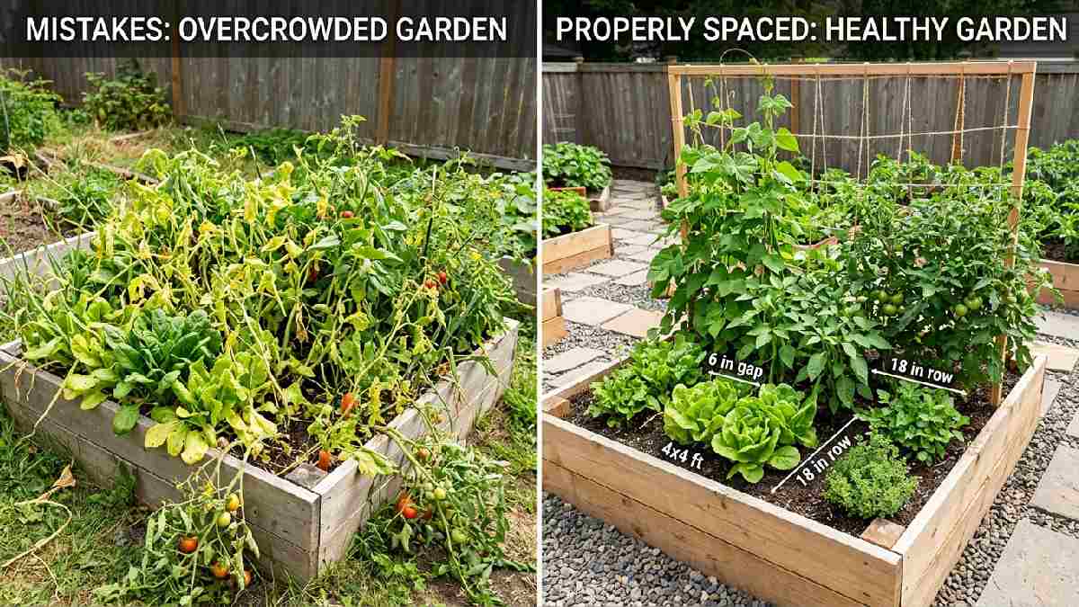 Overcrowded, stunted vegetable bed versus properly spaced thriving raised garden showing common mistakes in small space vegetable gardening to avoid. 