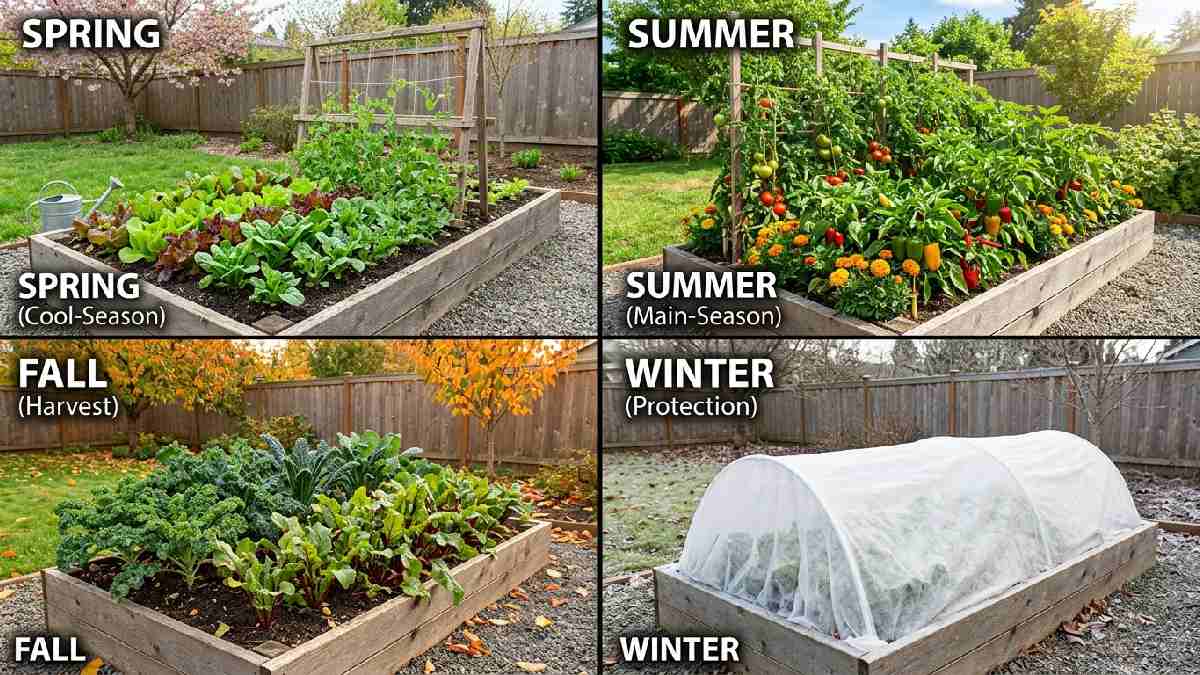 Four-season raised bed showing lettuce in spring, tomatoes in summer, kale in fall, and row covers in winter gardening tips. 