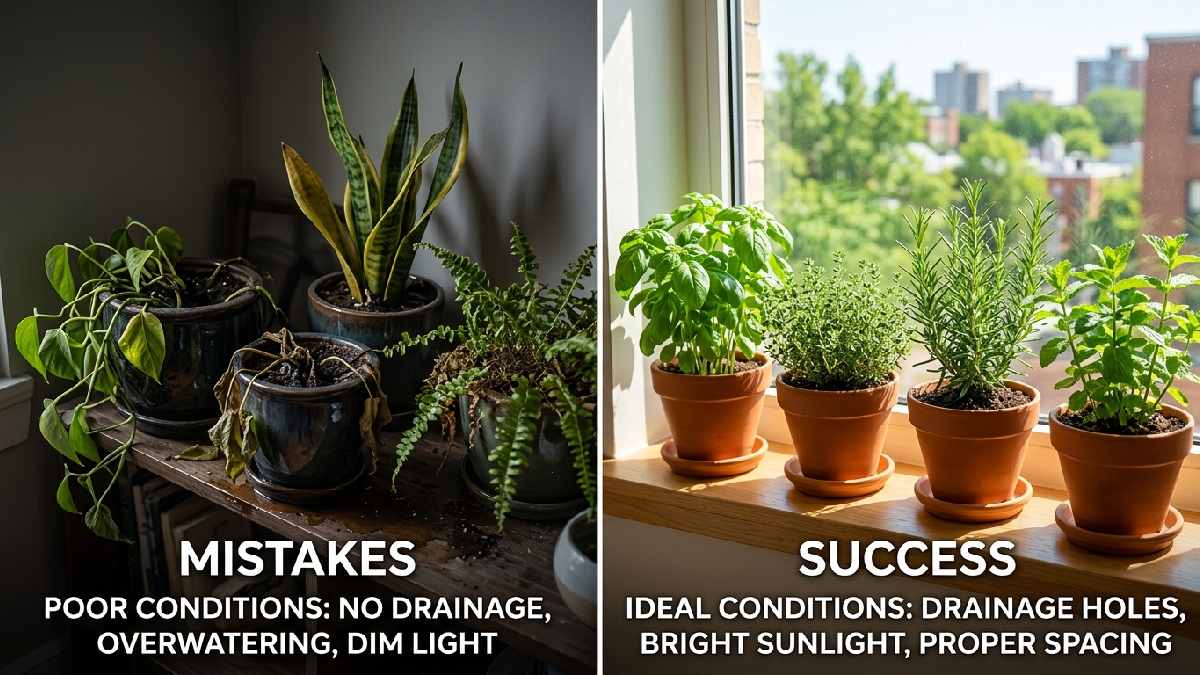 Overwatered dark-corner plants versus healthy sunny windowsill herbs showing common mistakes to avoid when gardening in an apartment.