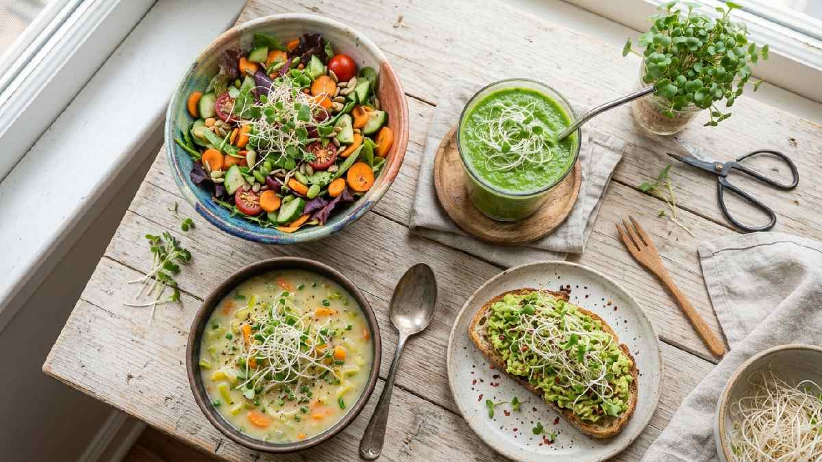 Microgreen roots garnishing salad smoothie soup and avocado toast showing creative everyday kitchen uses for microgreen roots at home. 