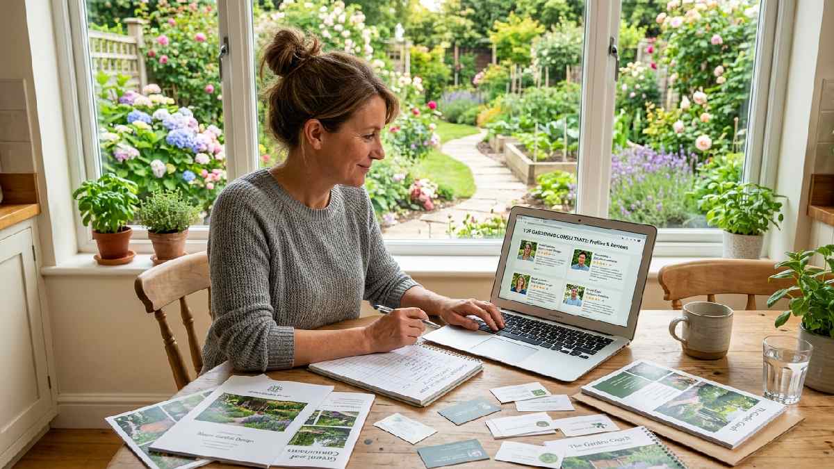 Homeowner reviewing gardening consultant profiles, portfolios, and reviews on a laptop with a checklist showing how to find and choose the right consultant.