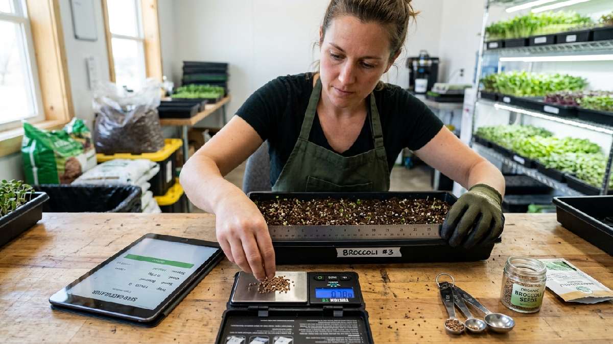 Grower measuring tray with ruler and weighing seeds on digital scale beside calculator tablet showing tips for accurate microgreen seed results.