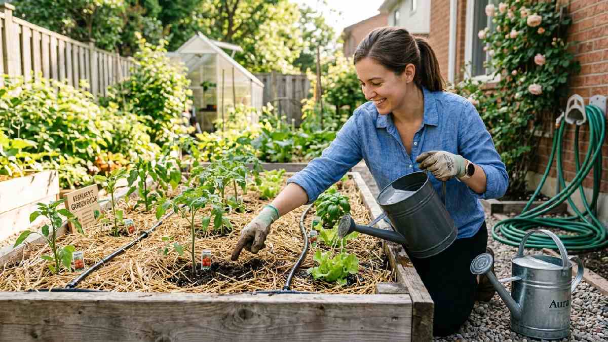 Gardener using drip irrigation on a mulched raised bed while checking soil moisture, showing watering guide for beginner raised bed vegetable gardening.