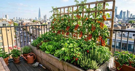 Compact raised bed with tomatoes, trellis beans, lettuce, and herbs showing the best small space vegetable gardening tips to grow more.