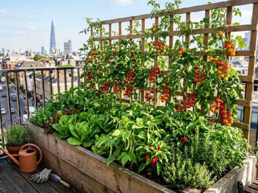 Compact raised bed with tomatoes, trellis beans, lettuce, and herbs showing the best small space vegetable gardening tips to grow more.