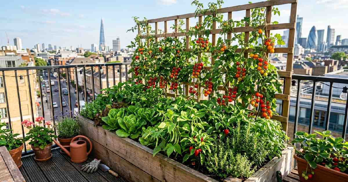 Compact raised bed with tomatoes, trellis beans, lettuce, and herbs showing the best small space vegetable gardening tips to grow more.