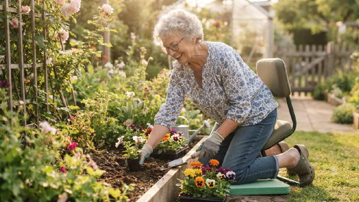 Senior gardener enjoying pain-free gardening with a stool