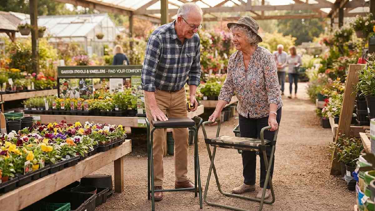 Seniors comparing gardening stools before buying