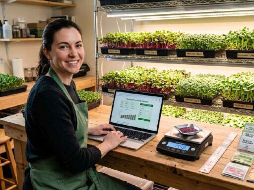 Microgreen grower using seed calculator on laptop beside digital scale and lush growing trays showing complete guide to perfect seed density.
