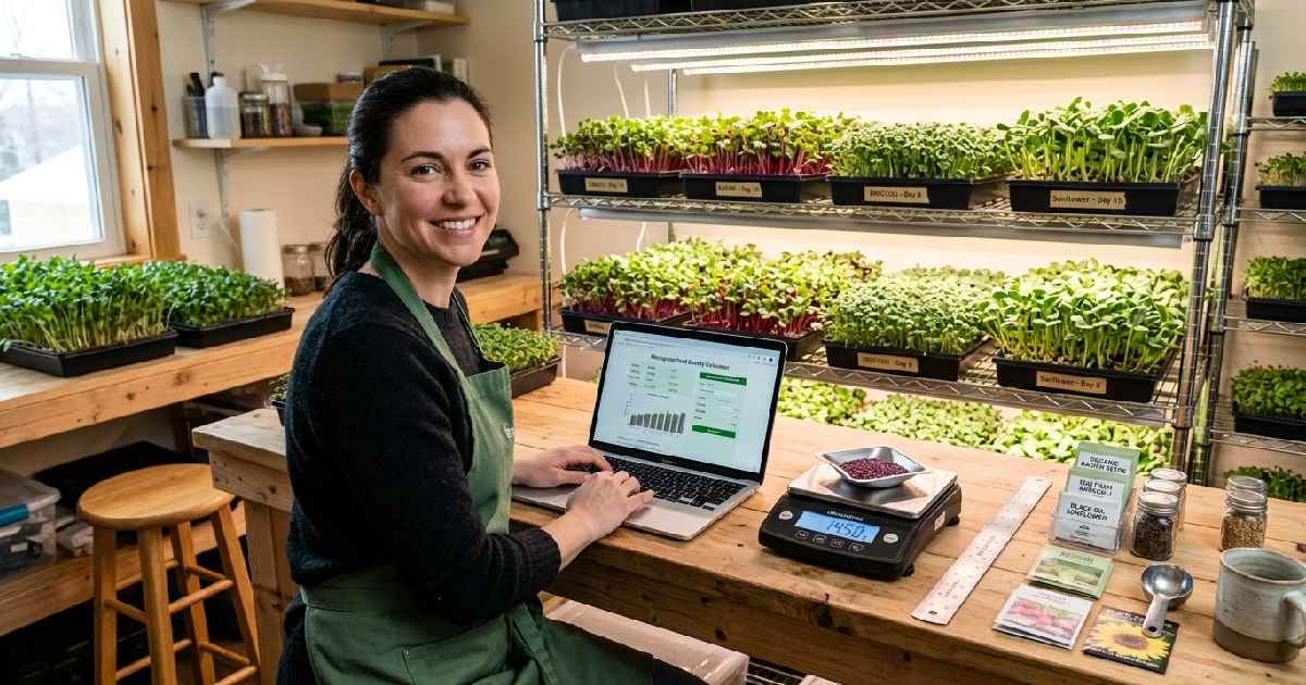 Microgreen grower using seed calculator on laptop beside digital scale and lush growing trays showing complete guide to perfect seed density.